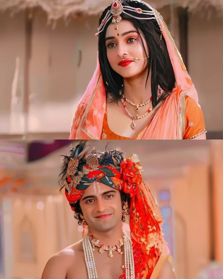 radhe krishna, lord krishna, lord rama, hindu god, divine couple, romantic portrait, intricate detail, ornate jewelry, flowing clothing, glowing skin, detailed lotus flower, lush greenery, golden light, ethereal atmosphere, photorealistic, 8k, highly detailed, masterpiece, digital painting