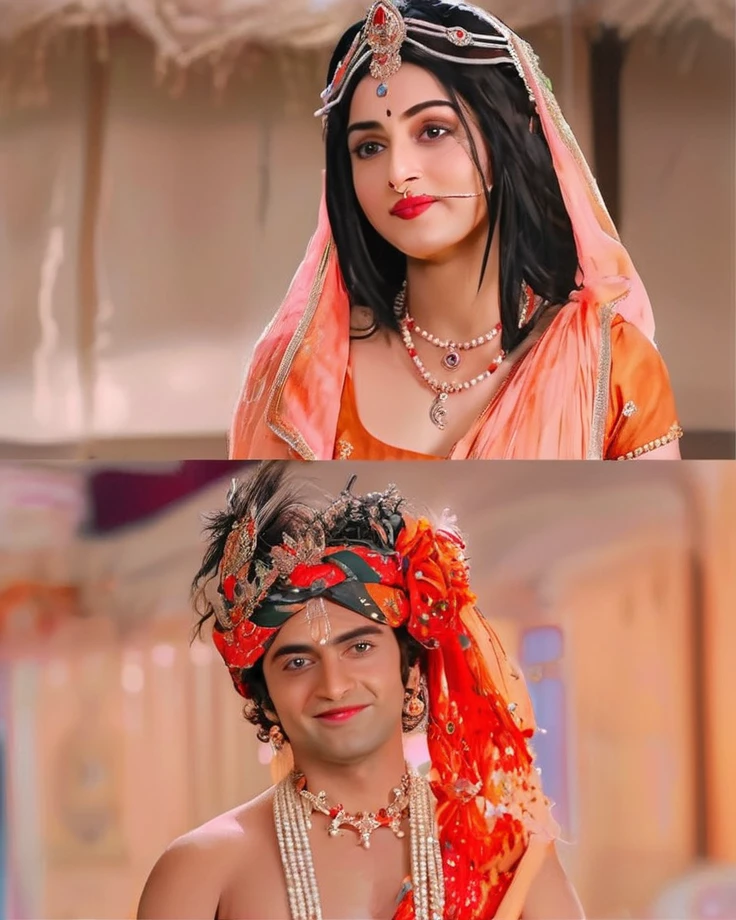 radhe krishna, lord krishna, lord rama, hindu god, divine couple, romantic portrait, intricate detail, ornate jewelry, flowing clothing, glowing skin, detailed lotus flower, lush greenery, golden light, ethereal atmosphere, photorealistic, 8k, highly detailed, masterpiece, digital painting