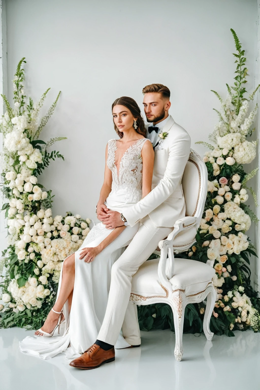 man and woman in white sitting on a chair , a luxury white room in studio full of flowers
