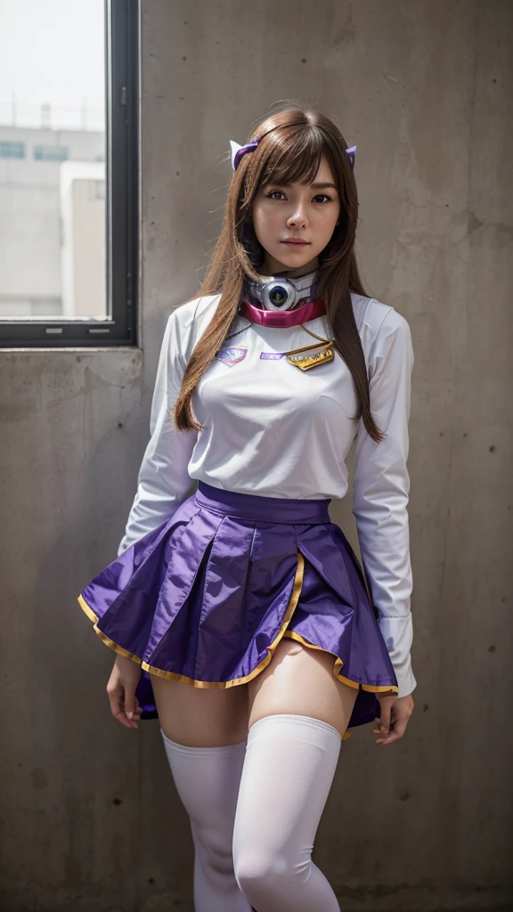 RAW, Masterpiece, Ultra Fine Photo,, Best Quality, Ultra High Resolution, Photorealistic, Sunlight, Full Body Portrait, Stunningly Beautiful,, Dynamic Poses, Delicate Face, Vibrant Eyes, a full body of a woman in a purple and white gundam custume, dybamic pose, long brown very very long hair rapunzel, girl in mecha cyber armor, portrait armored astronaut girl, d. va from overwatch, female mecha, on a gundam, gundam head, chiho aoshima color scheme, mobile suit, streamlined purple armor, fully robotic!! girl, realistic cosplay, gundam armor , full body,, full body, fashion skirt modern,,