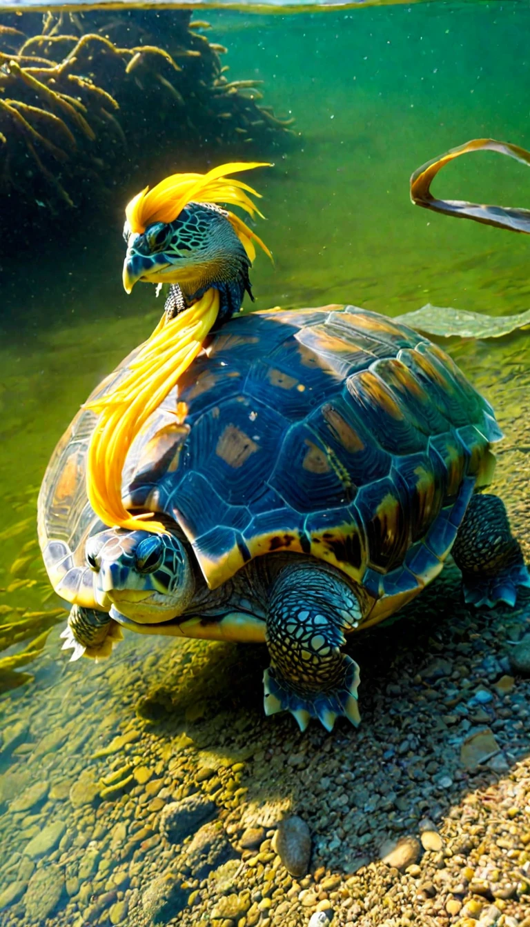 There are many magical turtles living at the bottom of the river,Its shape is no different from that of a turtle.,But it was a bird's eye view but a snake's tail,Mysterious Creatures, shrike, (best quality,4k,8k,High level,masterpiece:1.2),Ultra Detailed,(lifelike,Photo real,Photo real:1.37),Highly detailed animals,Complex patterns,Dramatic lighting,Fantasy Creatures