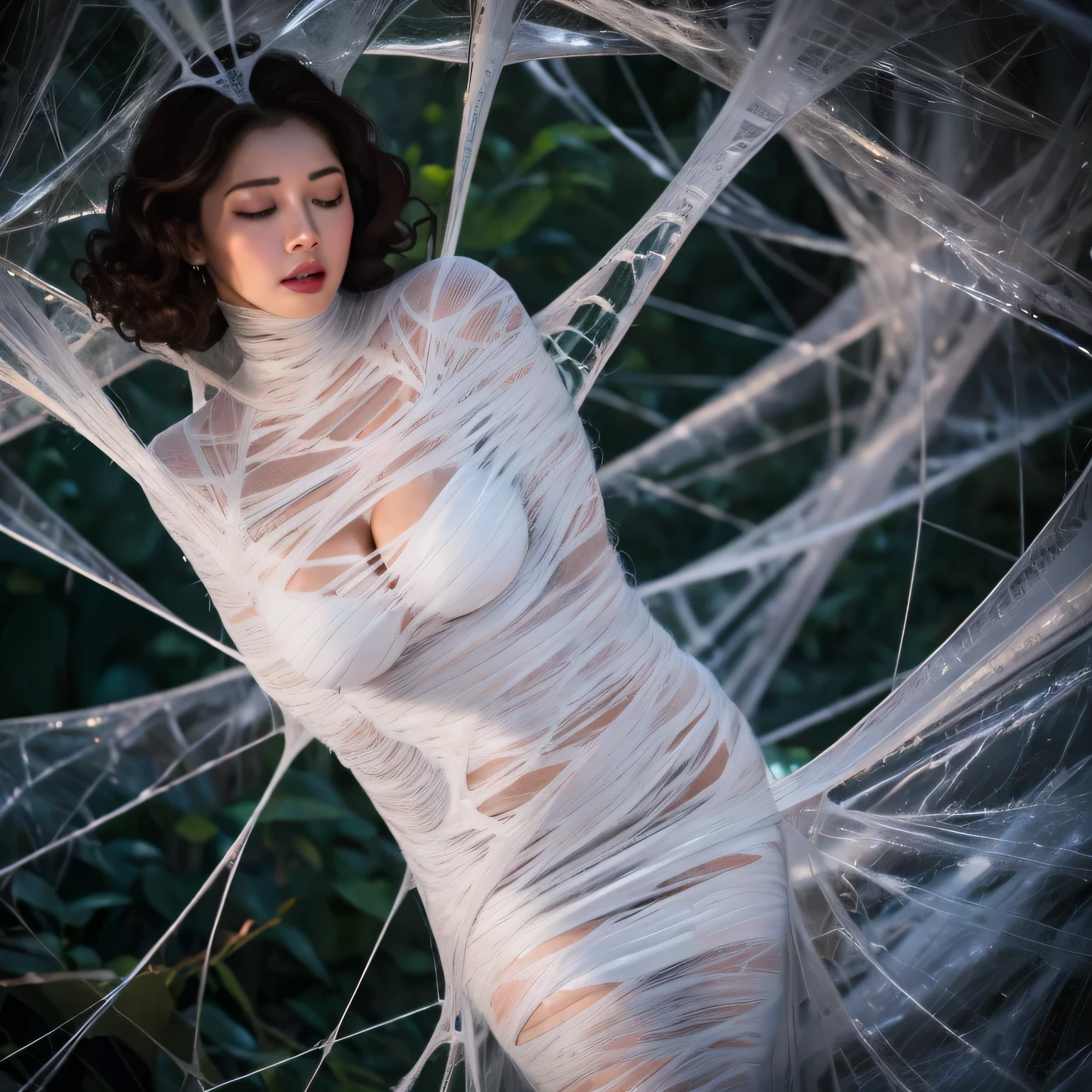 1girl,Spider weaves a net on a girl, very realistic, very detailed,bed,stretched, dark cave, struggle in the net,brown haired, very long sheer dress,hang