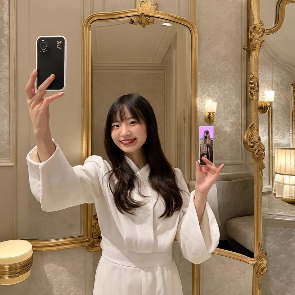 Best Quality, 1 beautiful Japanese woman, standing in front of a full-length mirror taking a (selfie:1.5), making a playful pose with one foot raised and a cheeky grin, at a luxury europe hotel