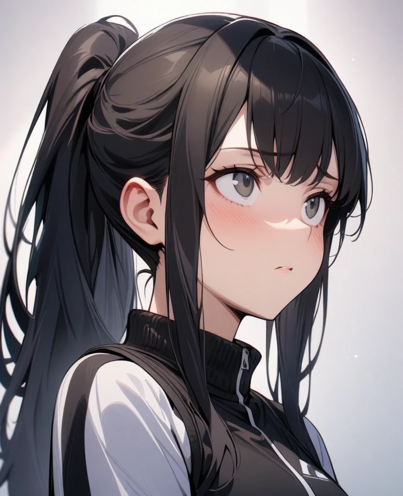 masterpiece, best quality, very aesthetic, absurd, up to date,1 Girl, (calm,Indifferent,calm),Black hair,Long hair,ponytail,look up,Gray Highlights,Black pupil,Sports vest,Capable