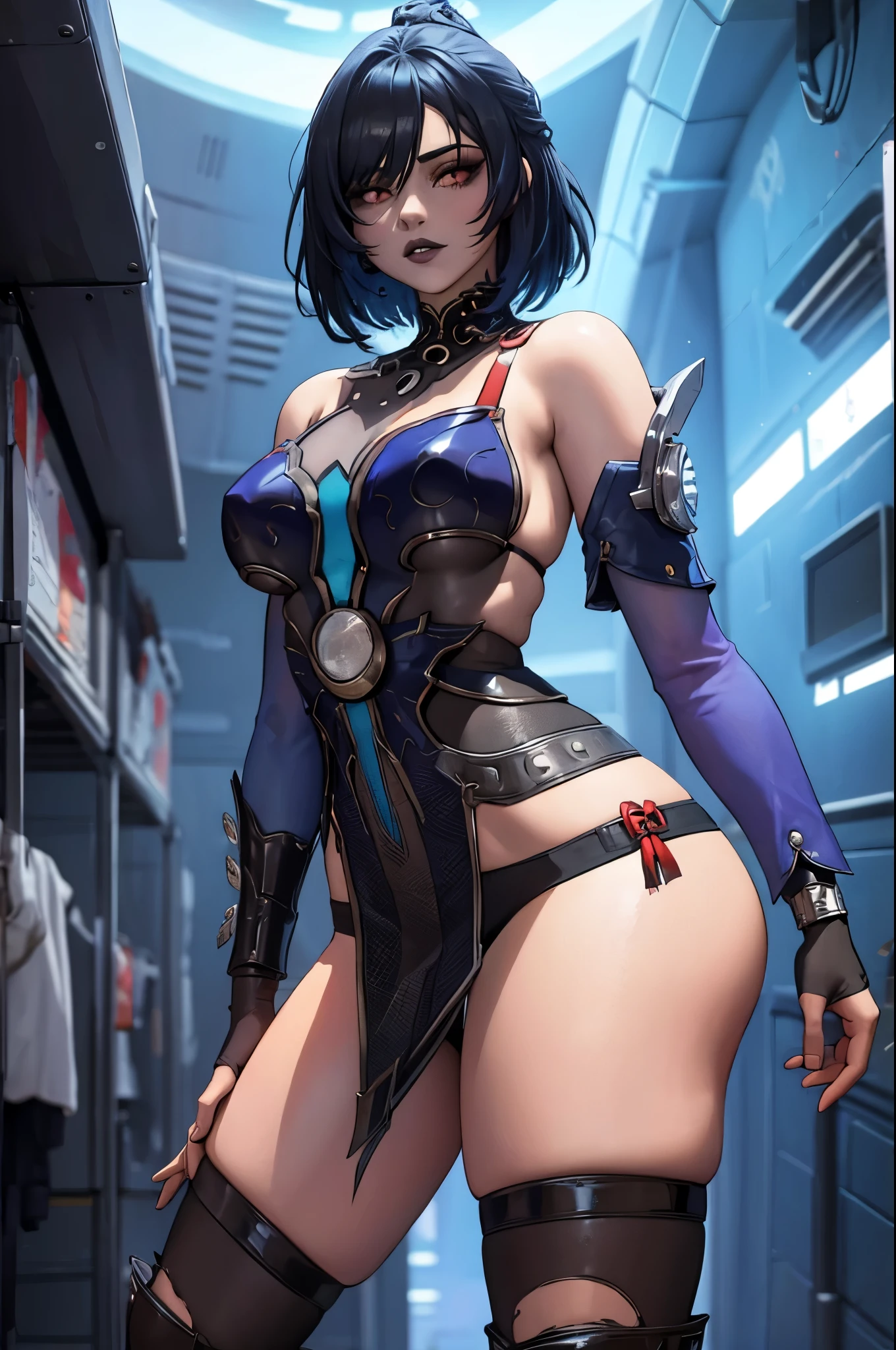 sexy girl, black lipstick, short hair, black stockings, thick ass, clothes, solo, cyberpunk, cyberpunk style, clothes in cyberpunk style. Fully dressed