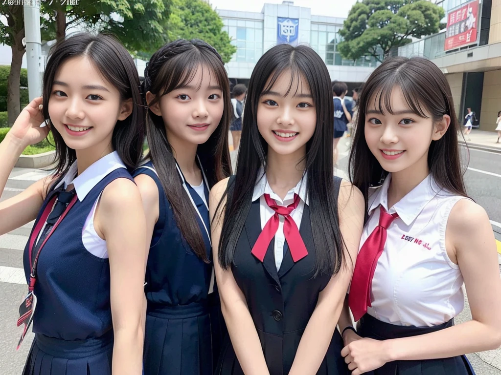 (A trio of super cute Korean high school girls take a photo together 1.2)(grin,Smile)(Beautiful Sweat:1.1)(16k, RAW Photos, Highest quality, masterpiece: 1.2),(Cute hairstyle with shiny black hair) Super detailed, Super Resolution, (Genuine, Genuine photos: 1.37), Portraiture, High-resolution RAW color photos, Professional photos, Very detailed, 8k wallpaper, Very detailed CG Unity 8k wallpaper, Very detailed beautiful girls, Very detailed faces, ((whole body)), beautiful woman, Huge breasts,(huge boobs:1.1) (Big Boobs:1.1), Beauty college student (A tight, girly, navy sleeveless  with ribbon.),high school girl, Korean Girls,(K-POP Female Idols), (Idol-class beauty)(Beautiful high school girl:1.1)(High school girls sightseeing in Tokyo)(18-year-old)(Stylish school uniform-style outfit:1.1)(Group photo of the school trip:1.3)NSFW