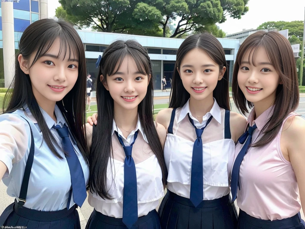 (A trio of super cute Korean high school girls take a photo together 1.2)(grin,Smile)(Beautiful Sweat:1.1)(16k, RAW Photos, Highest quality, masterpiece: 1.2),(Cute hairstyle with shiny black hair) Super detailed, Super Resolution, (Genuine, Genuine photos: 1.37), Portraiture, High-resolution RAW color photos, Professional photos, Very detailed, 8k wallpaper, Very detailed CG Unity 8k wallpaper, Very detailed beautiful girls, Very detailed faces, ((whole body)), beautiful woman, Huge breasts,(huge boobs:1.1) (Big Boobs:1.1), Beauty college student (A tight, girly, navy sleeveless  with ribbon.),high school girl, Korean Girls,(K-POP Female Idols), (Idol-class beauty)(Beautiful high school girl:1.1)(High school girls sightseeing in Tokyo)(18-year-old)(Stylish school uniform-style outfit:1.1)(Group photo of the school trip:1.3)NSFW