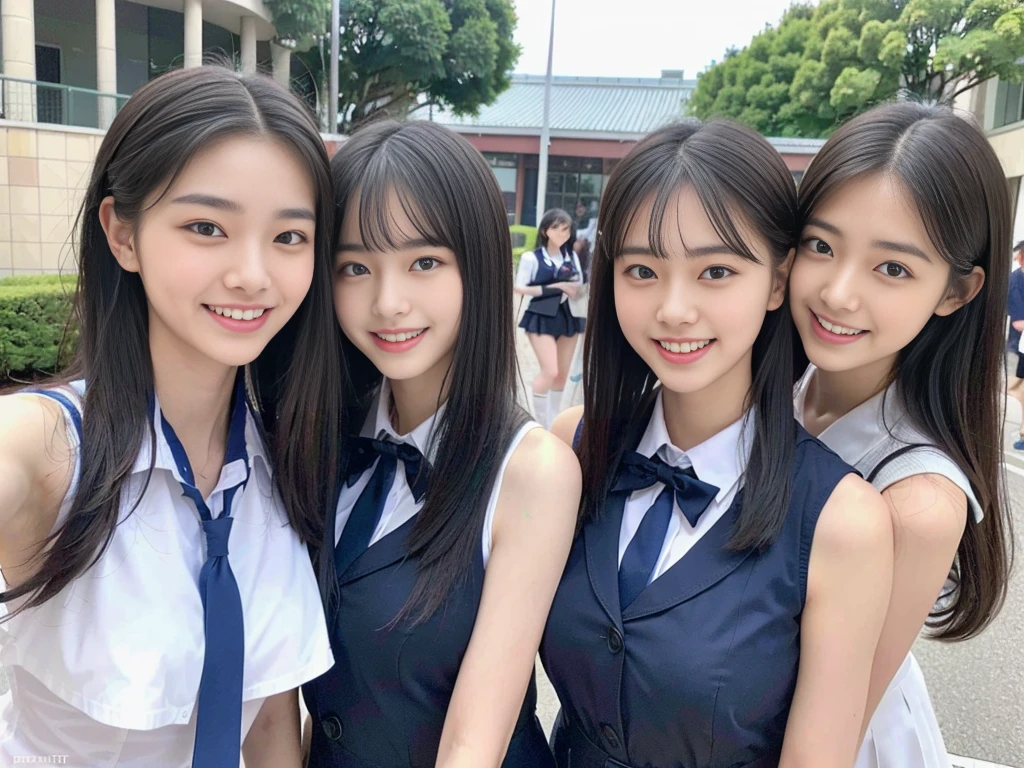 (A trio of super cute Korean high school girls take a photo together 1.2)(grin,Smile)(Beautiful Sweat:1.1)(16k, RAW Photos, Highest quality, masterpiece: 1.2),(Cute hairstyle with shiny black hair) Super detailed, Super Resolution, (Genuine, Genuine photos: 1.37), Portraiture, High-resolution RAW color photos, Professional photos, Very detailed, 8k wallpaper, Very detailed CG Unity 8k wallpaper, Very detailed beautiful girls, Very detailed faces, ((whole body)), beautiful woman, Huge breasts,(huge boobs:1.1) (Big Boobs:1.1), Beauty college student (A tight, girly, navy sleeveless  with ribbon.),high school girl, Korean Girls,(K-POP Female Idols), (Idol-class beauty)(Beautiful high school girl:1.1)(High school girls sightseeing in Tokyo)(18-year-old)(Stylish school uniform-style outfit:1.1)(Group photo of the school trip:1.3)NSFW