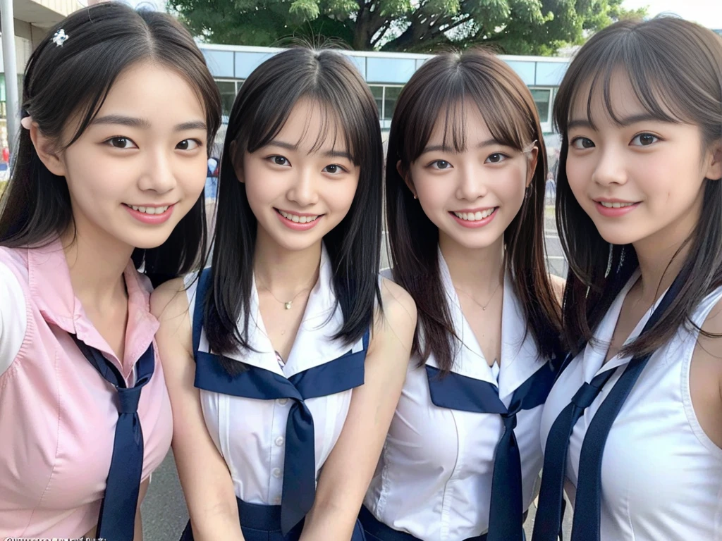 (A trio of super cute Korean high school girls take a photo together 1.2)(grin,Smile)(Beautiful Sweat:1.1)(16k, RAW Photos, Highest quality, masterpiece: 1.2),(Cute hairstyle with shiny black hair) Super detailed, Super Resolution, (Genuine, Genuine photos: 1.37), Portraiture, High-resolution RAW color photos, Professional photos, Very detailed, 8k wallpaper, Very detailed CG Unity 8k wallpaper, Very detailed beautiful girls, Very detailed faces, ((whole body)), beautiful woman, Huge breasts,(huge boobs:1.1) (Big Boobs:1.1), Beauty college student (A tight, girly, navy sleeveless  with ribbon.),high school girl, Korean Girls,(K-POP Female Idols), (Idol-class beauty)(Beautiful high school girl:1.1)(High school girls sightseeing in Tokyo)(18-year-old)(Stylish school uniform-style outfit:1.1)(Group photo of the school trip:1.3)NSFW