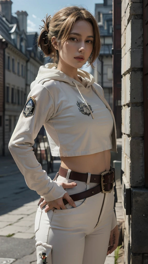 (bestquality,masterpiece), AnnieAOT, solo, hood, hoodie, paradis_military_uniform, jacket, uniform, tight clothes, emblem, feathers, upper body, thigh, hands on hip, emblem, belt, thigh strap, pants, white pants, standing, idle, looking at viewer