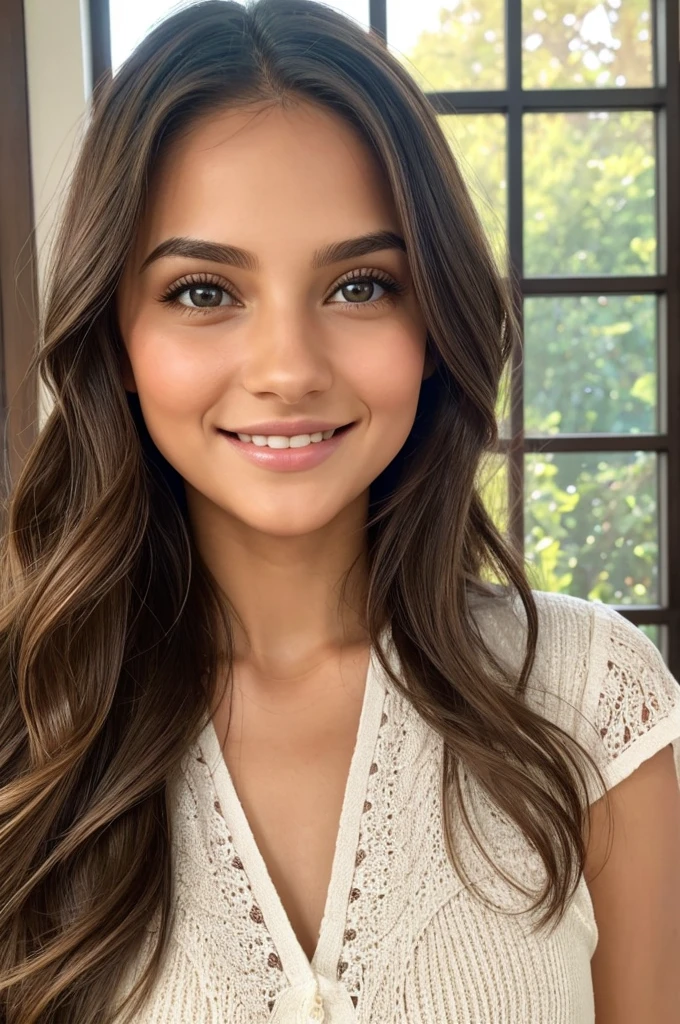 uma linda garota possui uma aura radiante e calorosa que imediatamente cativa aqueles ao seu redor. Seus olhos claros, e cabelos pretos e longos, com um sorrizo profundo e encantador, They are windows to a soul that reflects kindness, intelligence and a touch of playful curiosity. Framing her face is a cascade of brown waves that dance in the sunlight., casting a soft, natural glow. Her features are gracefully balanced - a nose that adds character without overshadowing her other delicate features, and lips that curve into a gentle smile, inviting and genuine. There&#39;s an air of confidence in the way she carries herself, but it is tempered with humility, making your presence strong and accessible. In addition to his physical attributes, Your inner beauty shines through your actions and personality. Ela exala uma positividade contagiante, sempre pronta com uma palavra gentil ou um gesto reconfortante. Your laugh is a melodic symphony that echoes joy and warmth, creating a magnetic charm that draws people towards you