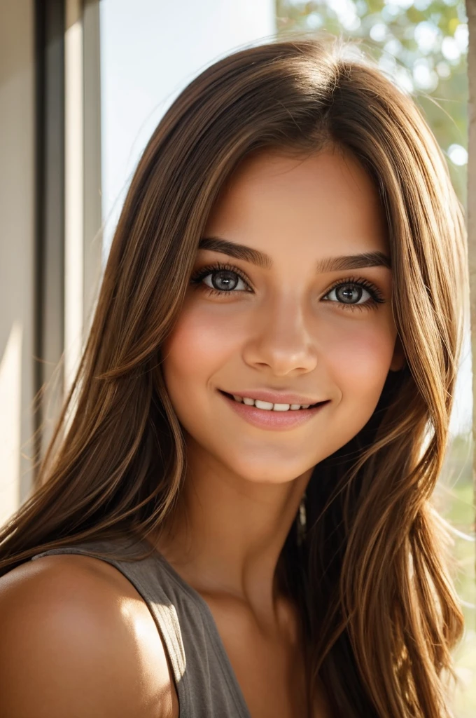 uma linda garota possui uma aura radiante e calorosa que imediatamente cativa aqueles ao seu redor. Seus olhos claros, e cabelos pretos e longos, com um sorrizo profundo e encantador, They are windows to a soul that reflects kindness, intelligence and a touch of playful curiosity. Framing her face is a cascade of brown waves that dance in the sunlight., casting a soft, natural glow. Her features are gracefully balanced - a nose that adds character without overshadowing her other delicate features, and lips that curve into a gentle smile, inviting and genuine. There's an air of confidence in the way she carries herself, but it is tempered with humility, making your presence strong and accessible. In addition to his physical attributes, Your inner beauty shines through your actions and personality. Ela exala uma positividade contagiante, sempre pronta com uma palavra gentil ou um gesto reconfortante. Your laugh is a melodic symphony that echoes joy and warmth, creating a magnetic charm that draws people towards you