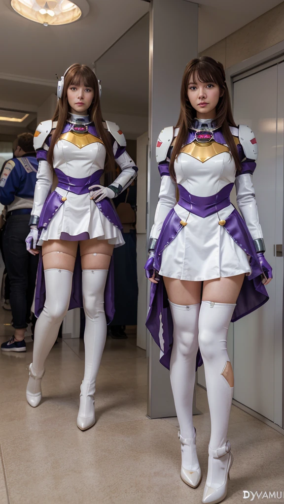 RAW, Masterpiece, Ultra Fine Photo,, Best Quality, Ultra High Resolution, Photorealistic, Sunlight, Full Body Portrait, Stunningly Beautiful,, Dynamic Poses, Delicate Face, Vibrant Eyes, a full body of a woman in a purple and white gundam custume, dybamic pose, long brown very very long hair rapunzel, girl in mecha cyber armor, portrait armored astronaut girl, d. va from overwatch, female mecha, on a gundam, gundam head, chiho aoshima color scheme, mobile suit, streamlined purple armor, fully robotic!! girl, realistic cosplay, gundam armor , full body,, full body, fashion long skirt modern,,