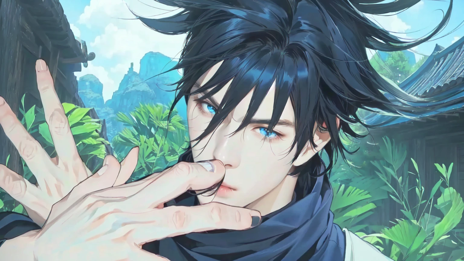 a man with black hair and blue eyes making a gesture, inspired by Okumura Masanobu, with index finger, okata kazuto, inspired by Okumura Togyu, mana shooting from his hands, ikuto yamashita, screenshot from black clover, highley detailled face, wow 4 k detail fantasy, hyperdetailed fantasy character, 4K details fantasy, realistic