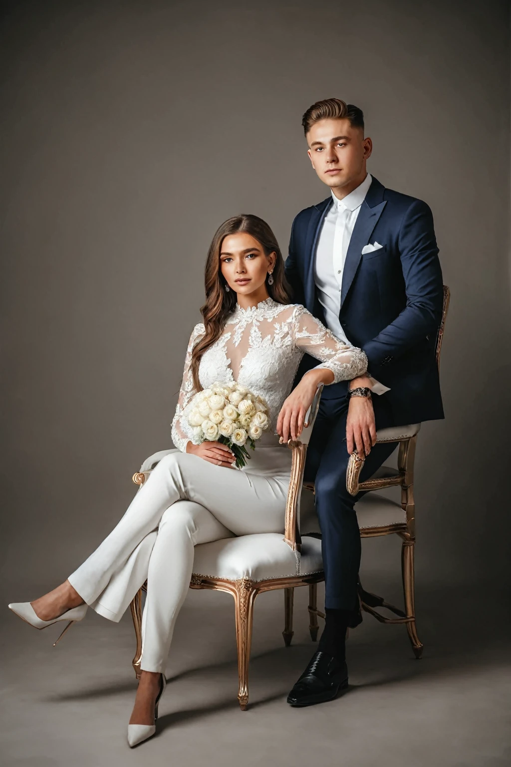  man and woman in white sitting on a chair , a luxury white room in studio full of flowers 