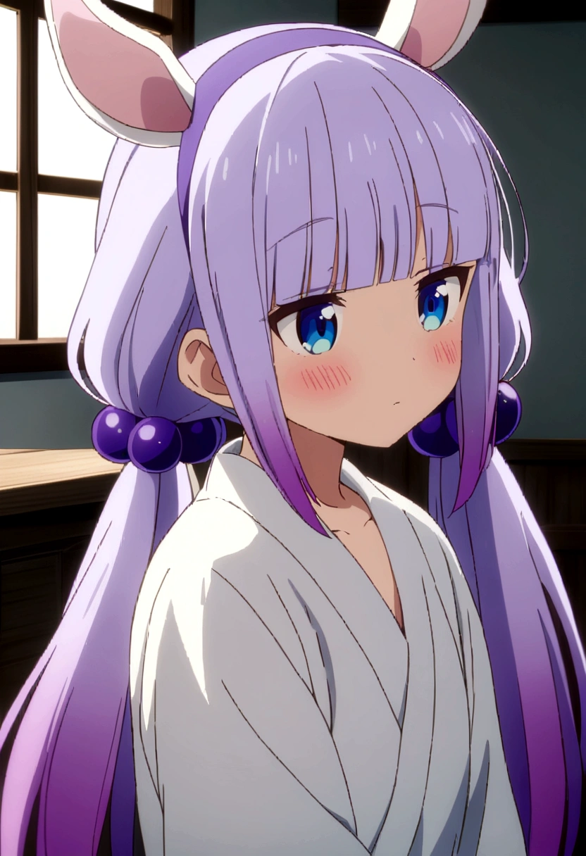 best quality, masterpiece, highres, solo, {kanna_kamui_kobayashisanchinomaidragon:1.15}, long_hair, light_purple_hair, blue_eyes, hair_ornament, bangs, blush, multicolored_hair, twintails, blunt_bangs, hair_beads, beads, hairband, gradient_hair, low_twintails, horns, dragon_horns, purple_hair, 1girl, anime_coloring, bow, animal_ears, rabbit_ears