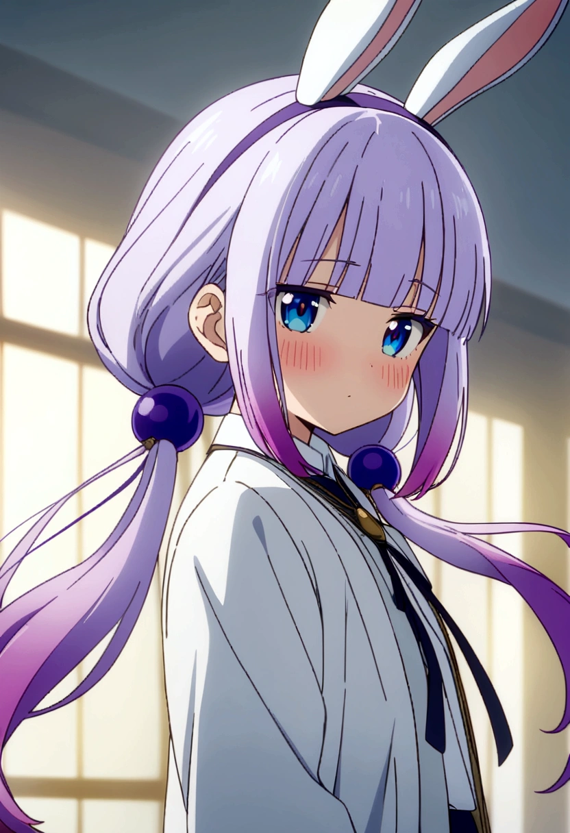 best quality, masterpiece, highres, solo, {kanna_kamui_kobayashisanchinomaidragon:1.15}, long_hair, light_purple_hair, blue_eyes, hair_ornament, bangs, blush, multicolored_hair, twintails, blunt_bangs, hair_beads, beads, hairband, gradient_hair, low_twintails, horns, dragon_horns, purple_hair, 1girl, anime_coloring, bow, animal_ears, rabbit_ears