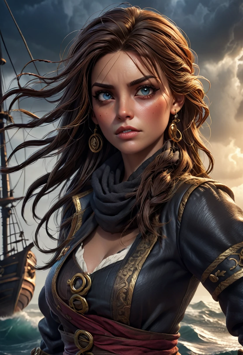 one-eyed patch female pirate, detailed face, intricate eye patch, pirate ship, stormy sea, dramatic lighting, cinematic atmosphere, digital art, concept art, highly detailed, 8k, photorealistic, masterpiece