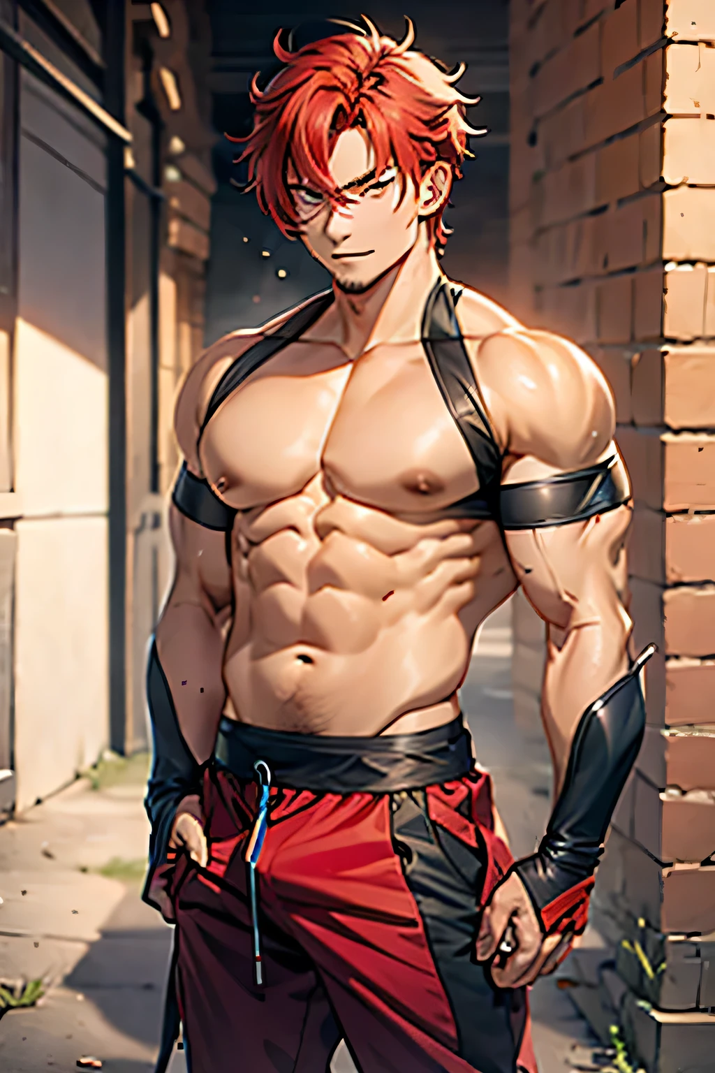 man with red hair posing near a wall with muscle topless
