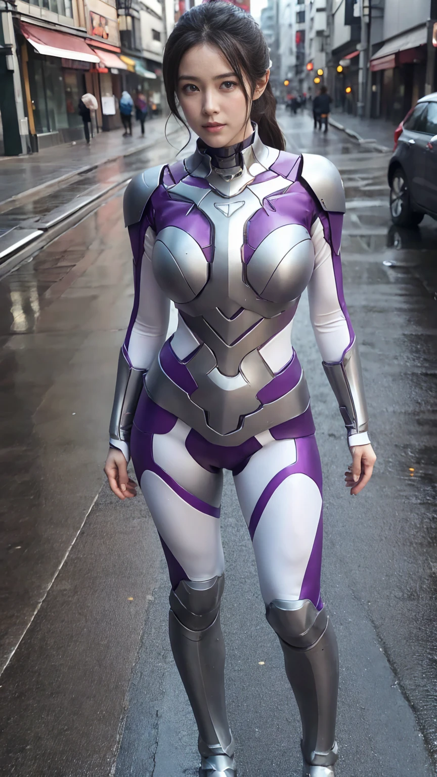 (highest quality、8K、32k、masterpiece、UHD:1.2、perfect body beauty:1.2、Wearing a futuristic hero suit with a pale purple and white shine:1.5、rain、street、Cute 25 year old Japan woman、、ponytail、Upper body、front、simple background、looking at the viewer、dynamic pose:1.5, full body