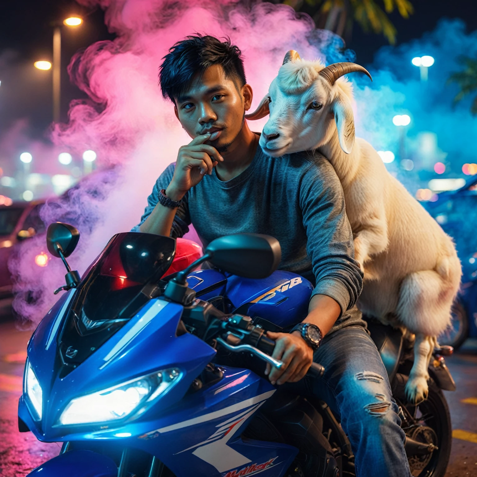 An Indonesian man with short black blonde hairstyle sitting on the blue modification motorsport with the white fat goat hug him, at the parking area, while smoking, gaze at the camera, night scene, colorful neon fog smoke effect, fullshot, long shot, fullbody shot, bokeh background, bokeh effect on the foreground, stylish, sporty, biker, sitting on a motorcycle, profile picture 1536px, unreal engine 5, photorealistic, high quality
