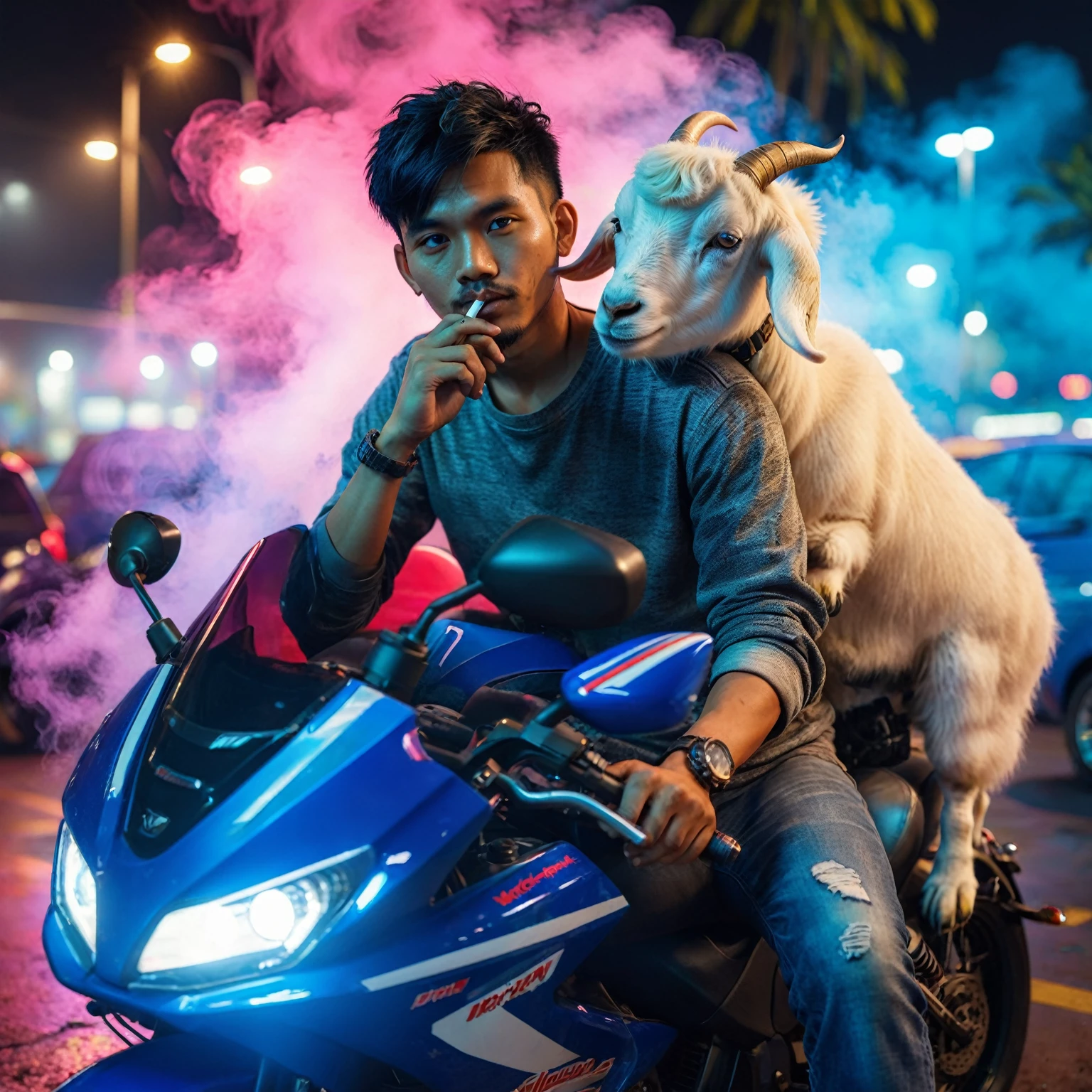 An Indonesian man with short black blonde hairstyle sitting on the blue modification motorsport with the white fat goat hug him, at the parking area, while smoking, gaze at the camera, night scene, colorful neon fog smoke effect, fullshot, long shot, fullbody shot, bokeh background, bokeh effect on the foreground, stylish, sporty, biker, sitting on a motorcycle, profile picture 1536px, unreal engine 5, photorealistic, high quality