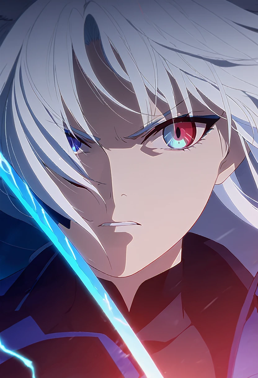 a beautiful blue and black kitsune, detailed portrait, intricate details, elegant, sensual, 1girl, long white hair, long white tail, heterochromia(one blue eye,one red eye), eyes, surrounded by blue energy, one eye glowing intensely, serious and fierce expression, standing with a large katana behind her surrounded by red and blue lightning, detailed eyes and face,longeyelashes,vivid colors, anime style, estaria sentada en una moto futurista roja