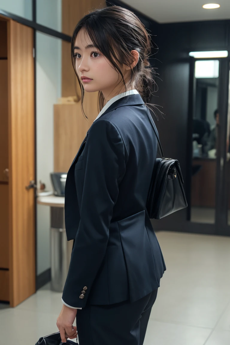 masterpiece、Highest quality、1People Women、Black business suit、Walking、Look up、Medium Hair、Hair tied up at the back of the head、Going to work in the morning、Drip coffee in hand