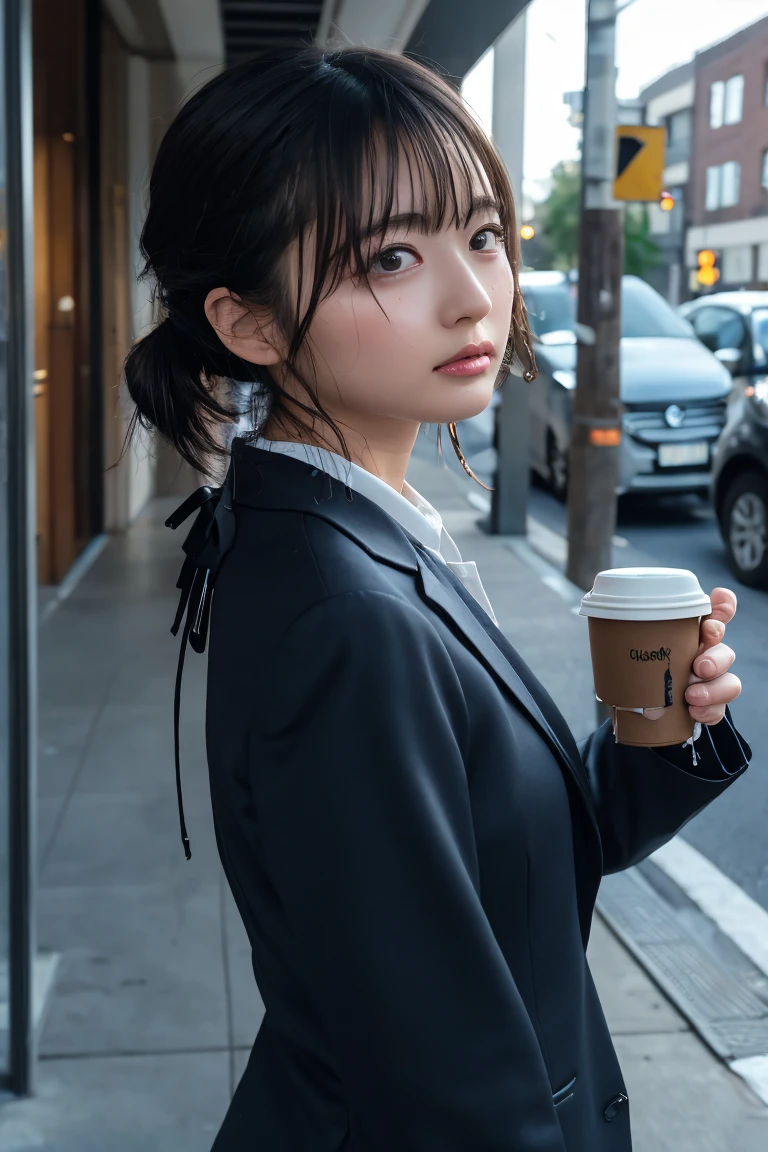 masterpiece、Highest quality、１People Women、Black business suit、Walking、Look up、Medium Hair、Hair tied up at the back of the head、Going to work in the morning、Drip coffee in hand