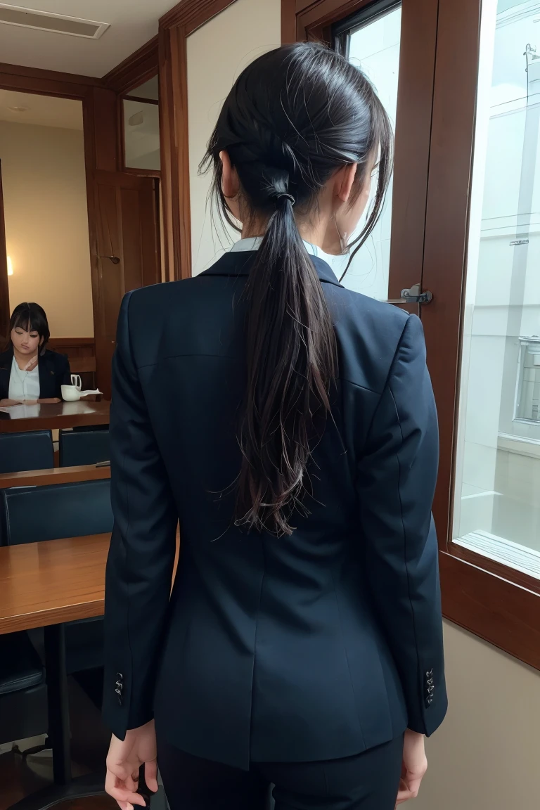 masterpiece、Highest quality、１People Women、Black business suit、Walking、Look up、Medium Hair、Hair tied up at the back of the head、Going to work in the morning、Drip coffee in hand