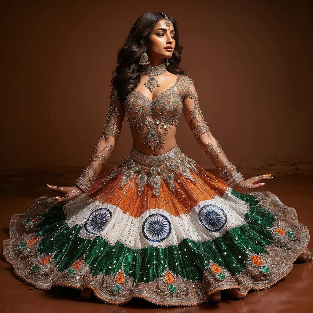 stunning (((brown indian girl))) adorned in a breathtaking, ((crystallized)) Indian (((dance outfit))), intricately detailed and flawlessly fitted to her body. The skirt, inspired by the (((Indian flag)) with vibrant ((orange, green, and white hues)), is embellished with delicate embroidery and shimmering crystals. Matching (henna) adorns her hands and feet, complementing her elegant high heels. The ensemble, ((polished to perfection)), is designed to captivate in any dance performance, set against a (muddy) brown background.