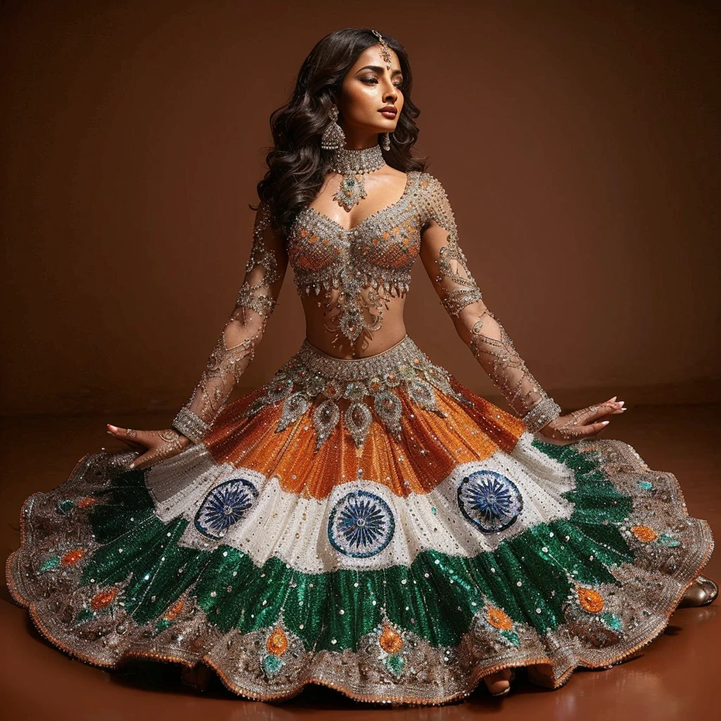 stunning (((brown indian girl))) adorned in a breathtaking, ((crystallized)) Indian (((dance outfit))), intricately detailed and flawlessly fitted to her body. The skirt, inspired by the (((Indian flag)) with vibrant ((orange, green, and white hues)), is embellished with delicate embroidery and shimmering crystals. Matching (henna) adorns her hands and feet, complementing her elegant high heels. The ensemble, ((polished to perfection)), is designed to captivate in any dance performance, set against a (muddy) brown background.