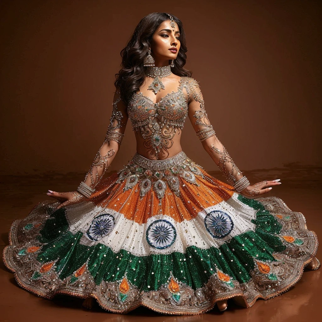 stunning (((brown indian girl))) adorned in a breathtaking, ((crystallized)) Indian (((dance outfit))), intricately detailed and flawlessly fitted to her body. The skirt, inspired by the (((Indian flag)) with vibrant ((orange, green, and white hues)), is embellished with delicate embroidery and shimmering crystals. Matching (henna) adorns her hands and feet, complementing her elegant high heels. The ensemble, ((polished to perfection)), is designed to captivate in any dance performance, set against a (muddy) brown background.