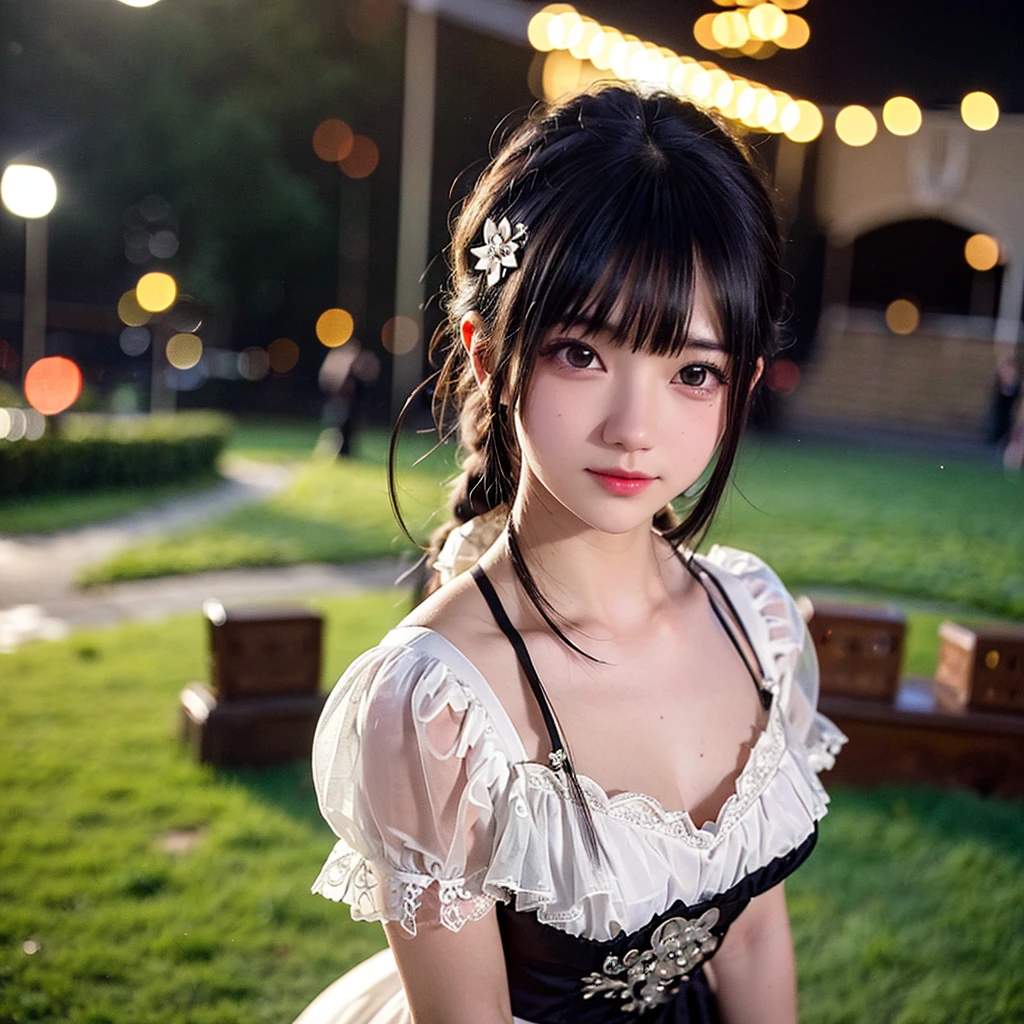 (masterpiece), (extremely intricate:1.3), (realistic), photo of a a bit chubby charming pale Japanese teen girl wearing a short black shoulderless gothic dress holding a white rose, (baroque hairstyle), plan american, spooky graveyard at night, professional photograph of a stunning teen girl detailed, sharp focus, dramatic, award winning, cinematic lighting, volumetrics dtx, (film grain, blurry background, blurry foreground, bokeh, depth of field, night, motion blur:1.3), 4k, 8k, hd, hdr