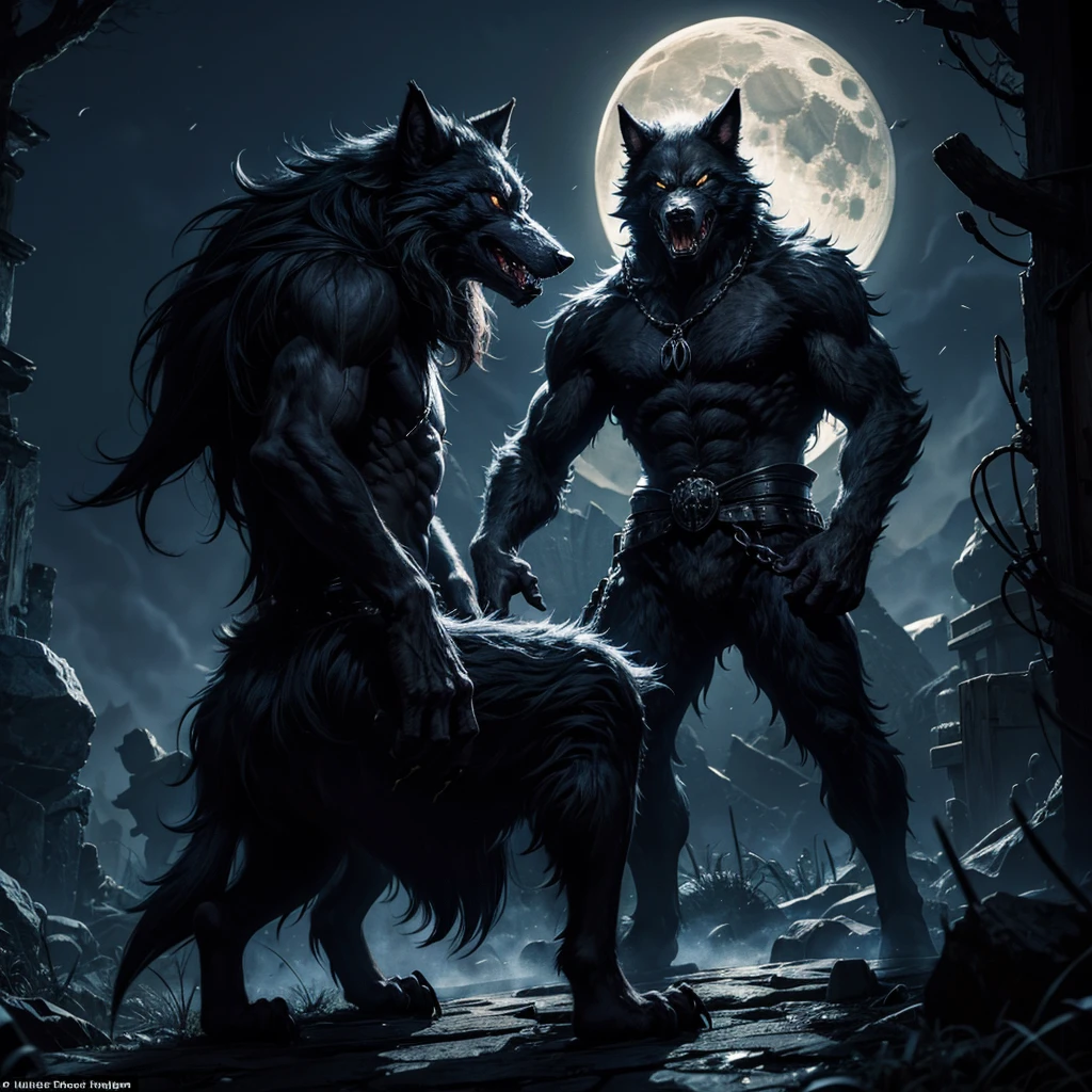 A werewolf howling at the moon in a sinister and mysterious scenario, at the feet of the werewolf there are some skulls, and he is surrounded by some mysterious monsters, the moon is full
