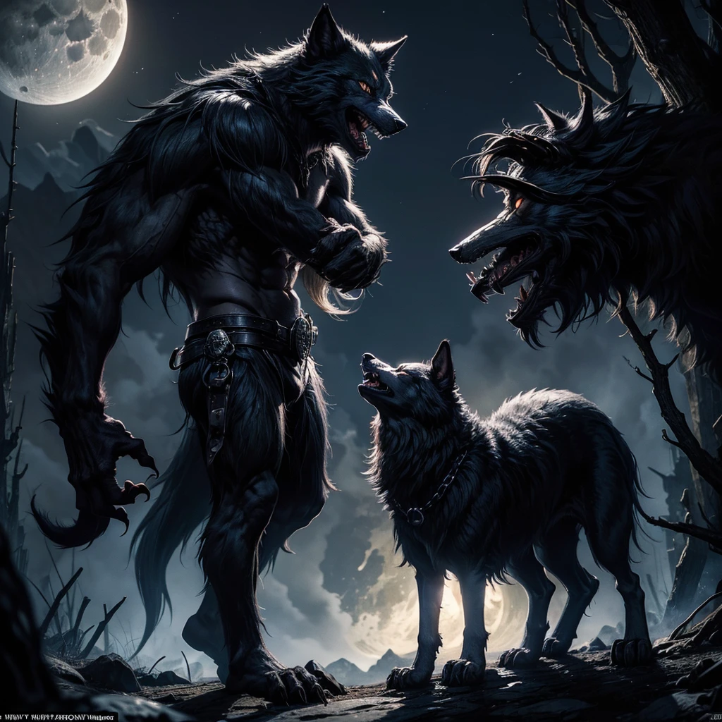 A werewolf howling at the moon in a sinister and mysterious scenario, at the feet of the werewolf there are some skulls, and he is surrounded by some mysterious monsters, the moon is full