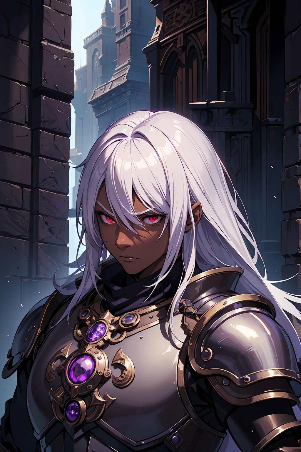 ((best quality)), ((masterpiece)), (detailed), ((boy)), (mix between steampunk and dungeonpunk), drow, upper body, portrait, red eyes, long white hair, Xemnas from Kingdom Hearts, half-drow, dark skinned, (full knight armor), paladin, serious face, dramatic lighting, dungeons and dragons character, purple theme