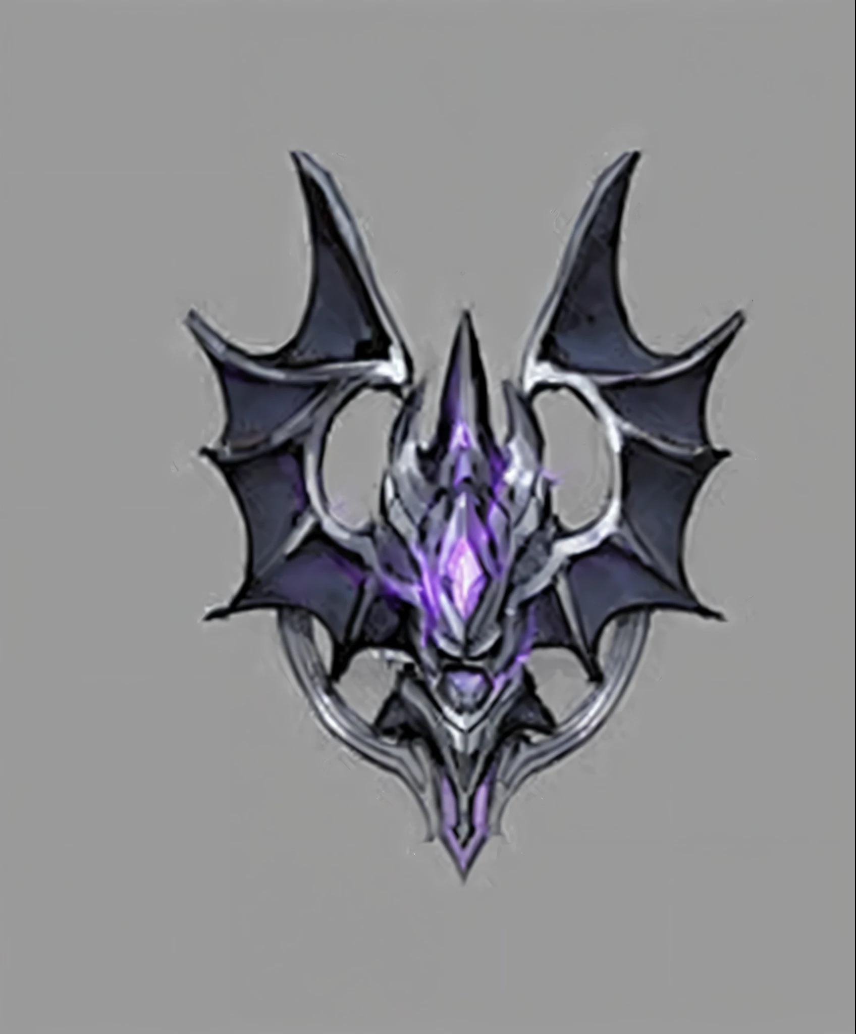 Purple and black faucet,Long Tail, Purple glowing core in the armor, dragon design, Mysterious concept art, ornate dramatic bat wing helmet, Nocturne from League of Legends, Sleek mecha female dragon head, Symmetry concept art, Demon's Souls concept art, Dragon King, Purple Antler God, League of Legends Inventory Items