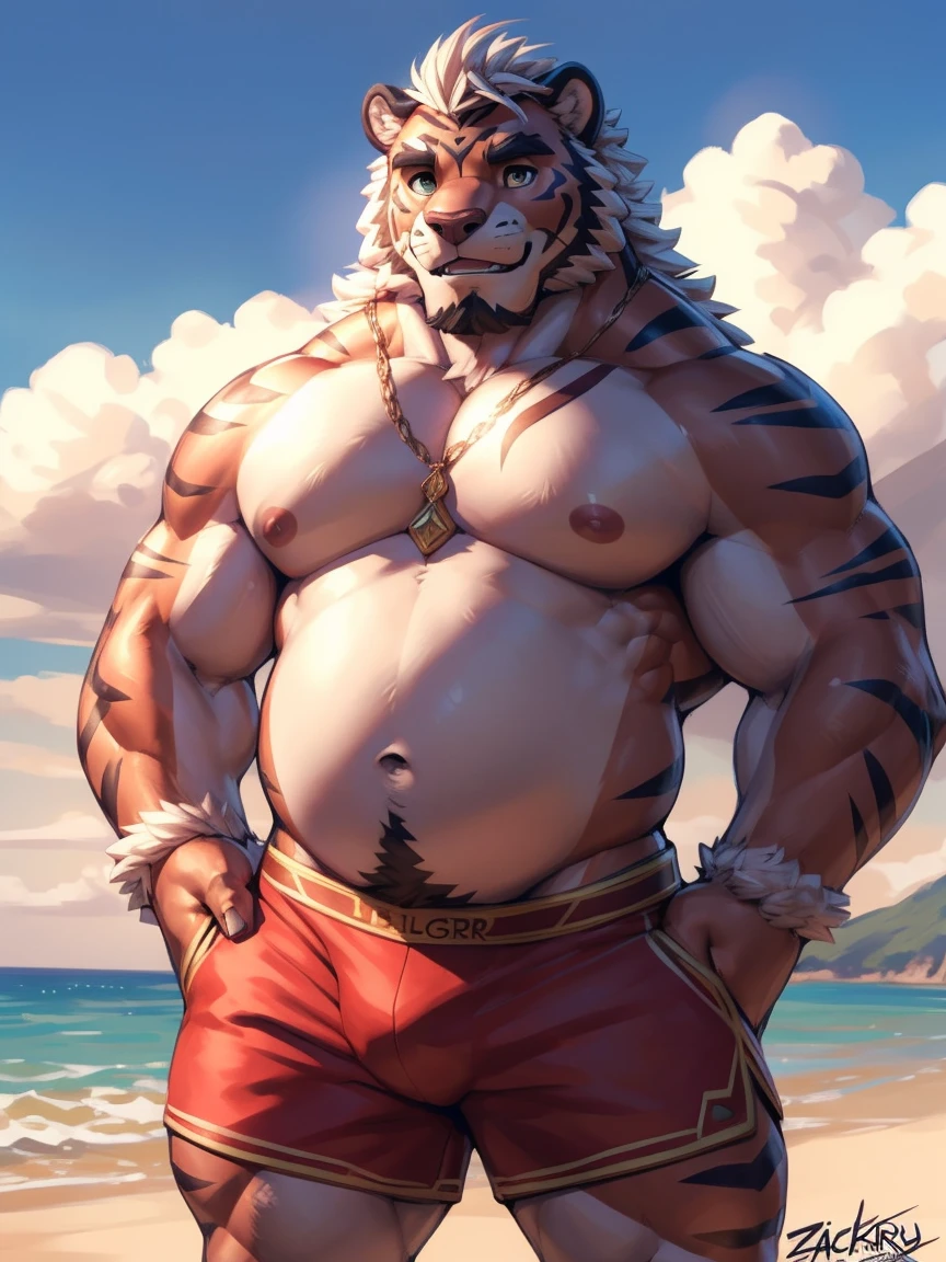 hombretigre, solo, (Sombreado suave), 4k, cualquier cosa, ((detallado face, detallado eyes, detallado)), (cuerpo completo), por Zackary911, por zaush, (by personalami:0.5), muscular, muscular male, bara, (regordete), stomach, ojos verdes, pose, solo, sonrisa, 1 chico, ombligo, pezones, ojos verdes, enfoque masculino, muslos, stomach, gran bulto, grandes bolas, pectorales desnudos, Red Shorts, embarazo, pose sexy