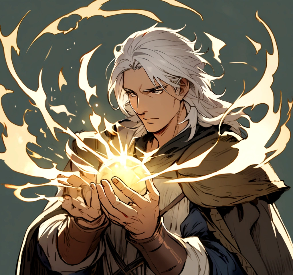 Fantasy male medieval character white hair no background middle aged
