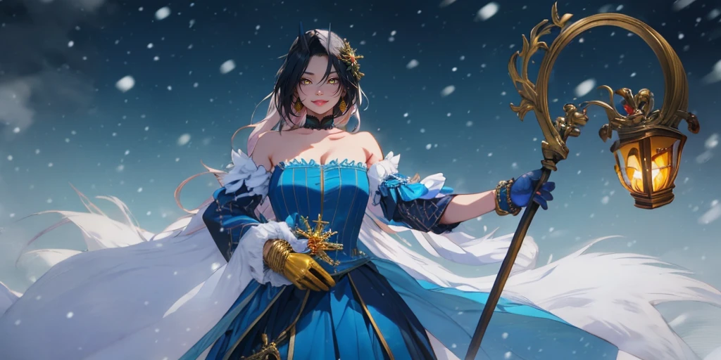 black hair, long hair, parted bangs, golden eyes, curvy, anatomically correct, heavy breathing, huge breasts, dress, 1girl, staff, solo, snowing, bare_shoulders, breasts, gloves, jewelry, holding_staff, snow, blue_dress, detached_sleeves, snowflakes, holding, strapless_dress, choker, strapless, looking_at_viewer, holding_staff, standing, "Photorealistic, Hyperrealistic, Hyperdetailed, analog style, soft lighting, subsurface scattering, realistic, heavy shadow, masterpiece, best quality, ultra realistic, 8k, golden ratio, Intricate, High Detail, film photography, soft focus", (shaded face:1.2), hollow eyes, golden eyes, lips, smirk, upper teeth, cheek,