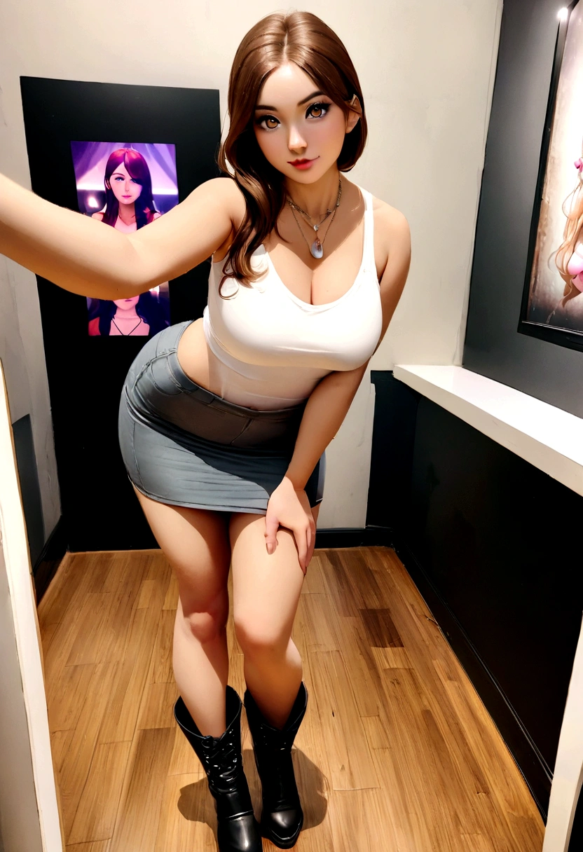 arafed woman with a white tank top and a necklace, at a nightclub, sexy girl with brown eyes, portrait sophie mudd, brown long hair and large eyes, selfie of a young woman, bedroom eyes, violet myers, without makeup, natural makeup, looking directly at the camera, face with artgram, subtle makeup, stunning full body shot, beautiful angle, attractive pose, cute girl, sexy pose, full body picture, full body, full body shoot, brunette goddess, high detail, satisfied pose, wearing grey skirt and boots, skirt, boots, realistic photo