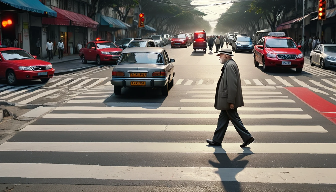 a old man walking on zebra crossings, many cars stoped beacuse of red light, senamatic, hyper realistic, hd,