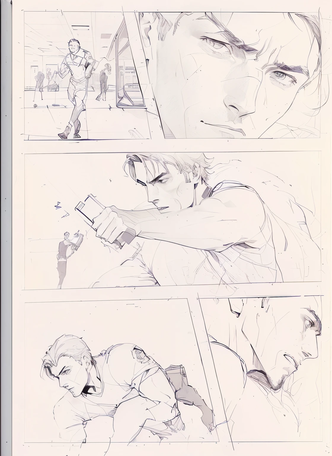 sketches of a man playing soccer in a school gym, 3 panel action scenes, comic concept art, inside page of comic book, comic page, comic drawing, joshua middleton comic art, full page scan, storyboard, action scenes, fan art, comic book page, comic illustration, detailed penciling, manga page, comic artwork, comic book illustration, comic art ”