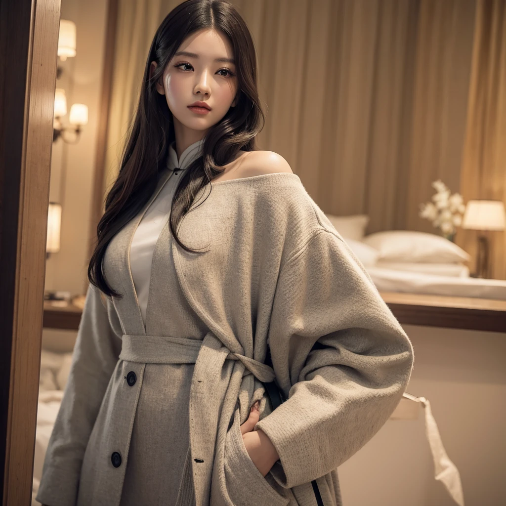 beautiful chinese girl, wearing cryptic trench, bag on shoulder, beautiful detailed eyes, beautiful detailed lips, extremely detailed eyes and face, long eyelashes, 1girl, cinematic lighting, dramatic lighting, highly detailed, photorealistic, 8k, 4k, ultra-detailed, masterpiece, (best quality:1.2), (realistic:1.37), intricate details, vibrant colors, warm color palette, soft focus, ethereal atmosphere