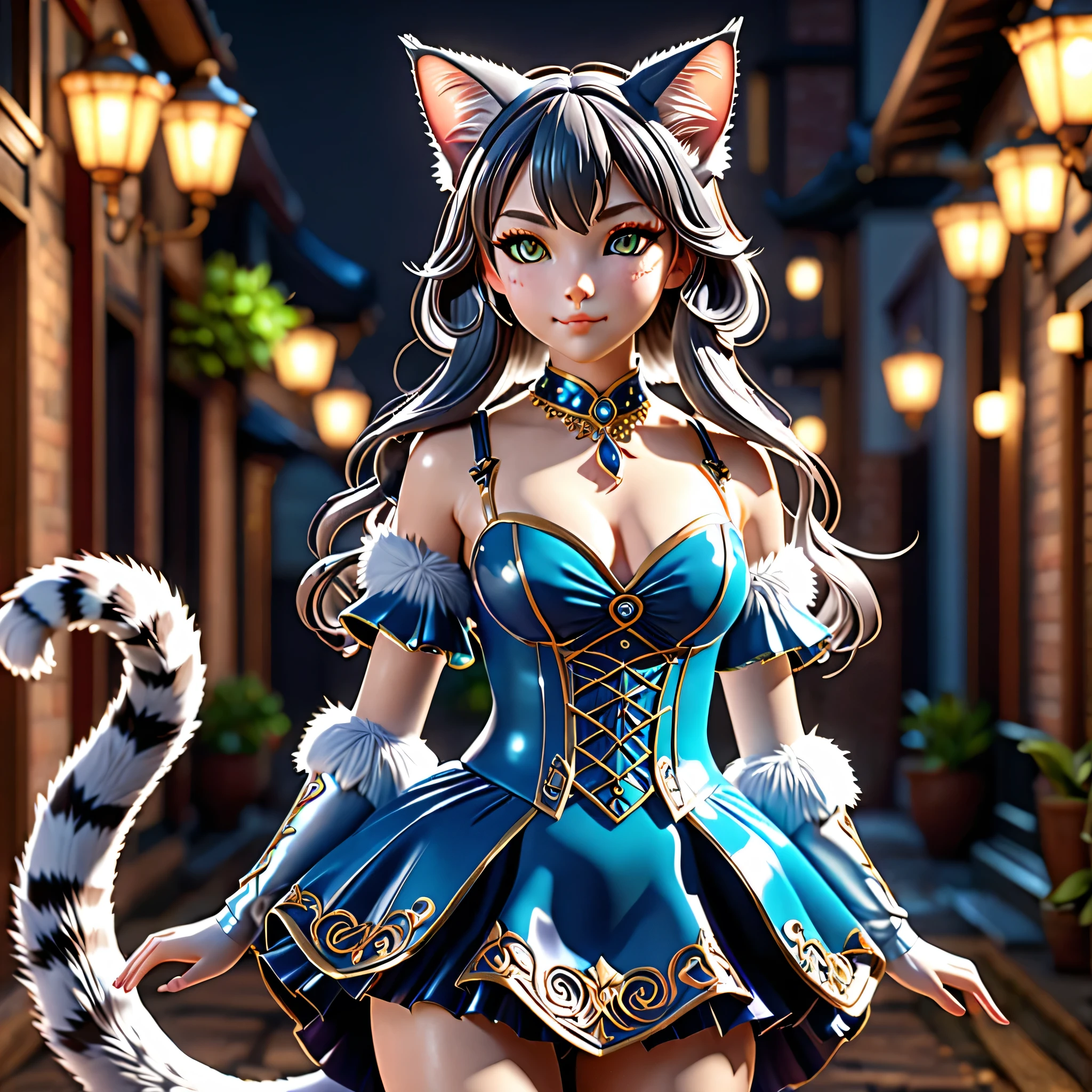 A highly detailed 3D anime figure of a beautiful cat girl, elegant and graceful pose, delicate facial features, intricate cat ears and tail, glossy fur texture, ornate outfit, dynamic lighting, photorealistic, cinematic lighting, dramatic shadows, vibrant colors, (best quality,4k,8k,highres,masterpiece:1.2),ultra-detailed,(realistic,photorealistic,photo-realistic:1.37)
