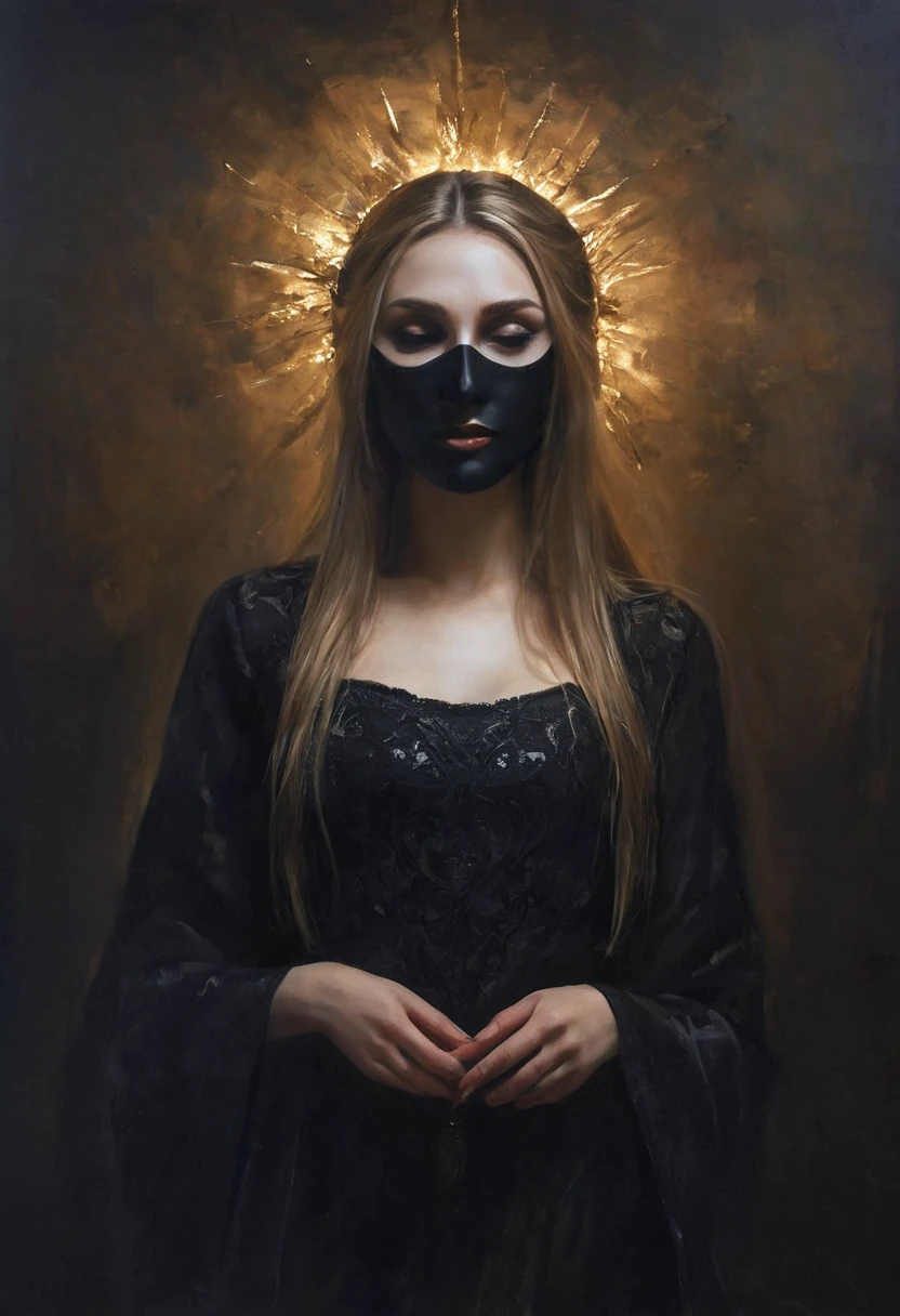 painting of MYSTERIOUS dark MASK ON A evil slavic woman, long dark blond hair, pale skin, HIGH ELEGANT HAIRSTYLE. mysterious dark atmosphere. cinematic scene, volumetric lights, ultra realistic, in the style of nicola samori