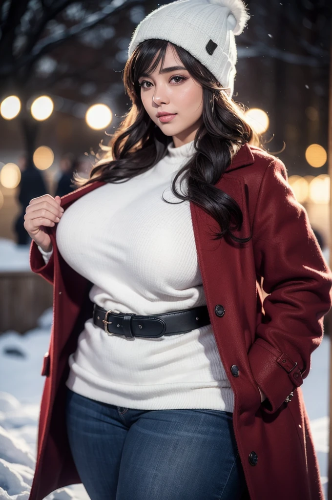Beautiful sensual woman with a curvy body, long hair, bangs, french braid, widest waist, fitting breasts, curvy accentuated booty, sparkling eyes, long eyelashes, thick thighs, Strong calves, smirk, taniaayusiregar, She wears a red wool Coat, black Pullover, white trousers, belt, beanie, she is in a dark low lit Park, evening in Winter, snowy, photorealistic, Masterpiece, bokeh, Volumetric lighting, winter season atmosphere, close up shot