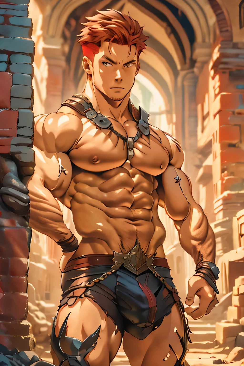 man with red hair posing near a wall with muscle topless