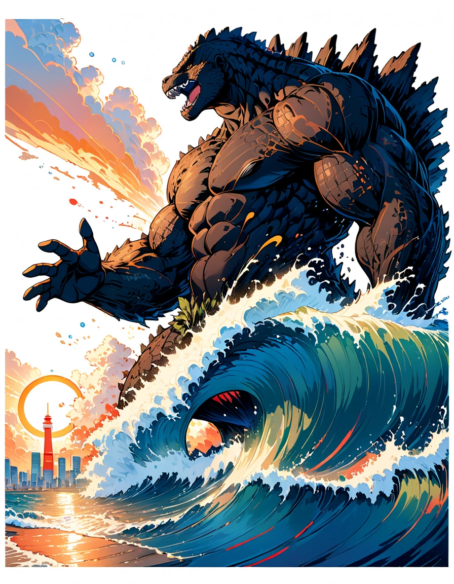 vintage anime ,(((Splash circle shaped Art))), (((white background))),, intricately detailed t-shirt design ready for print , 2d, illustration of Tokyo city crumbling buildings at sunset in the background. ONE huge Black muscular Godzilla in the foreground , Japanese ocean waves, intricate rich extremely complex ornaments illustration, high detail, clean lines style, intricate high details,(((white background)))